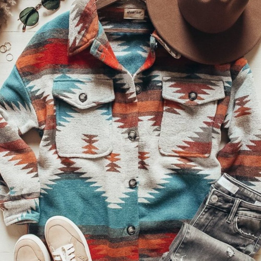 Multicolor Aztec Tribal Print Button Down Corduroy Shacket Jacket Coat - Picture 5 of 7